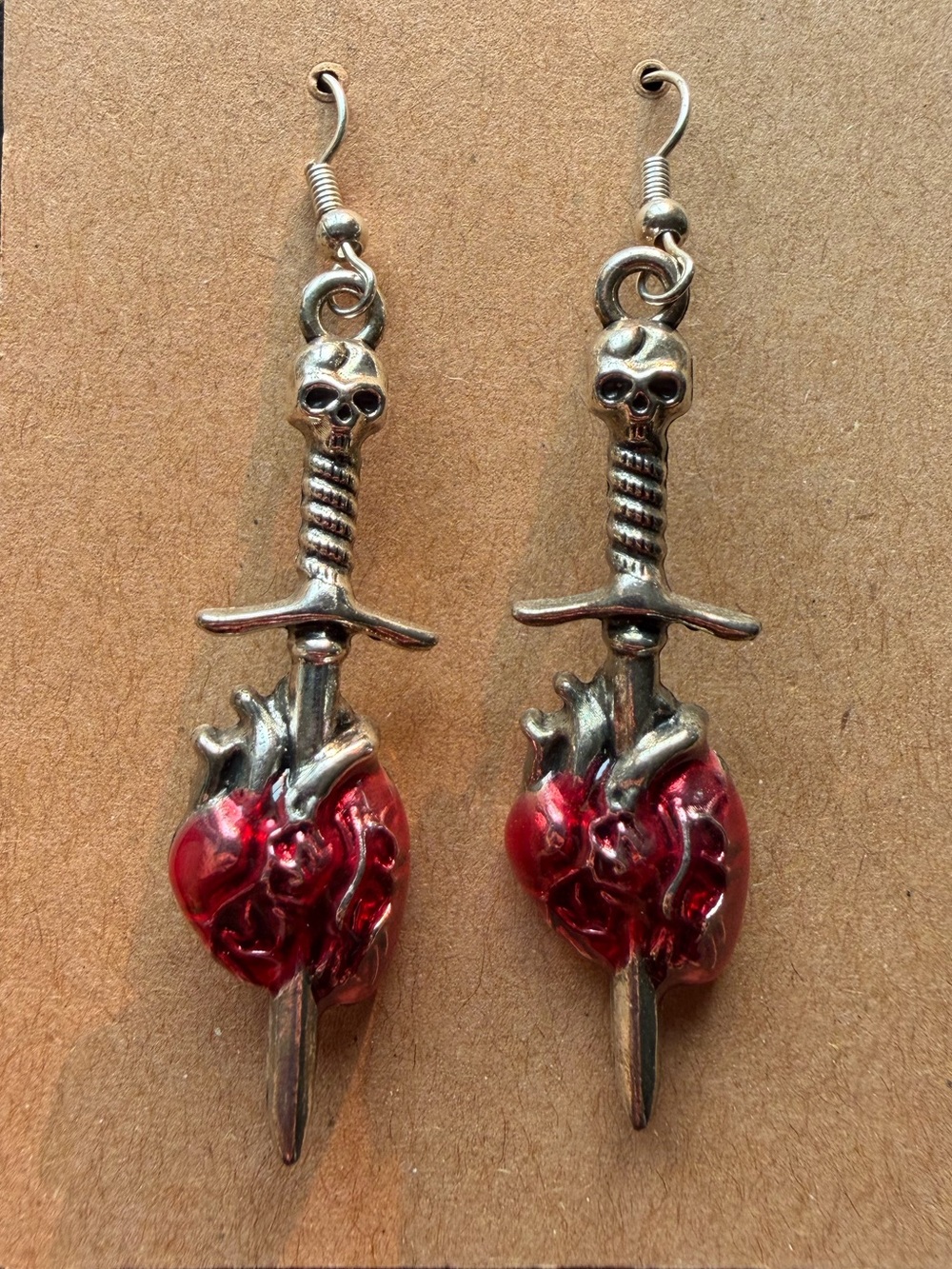Silver Skull Dagger Earrings with Red Anatomical Heart